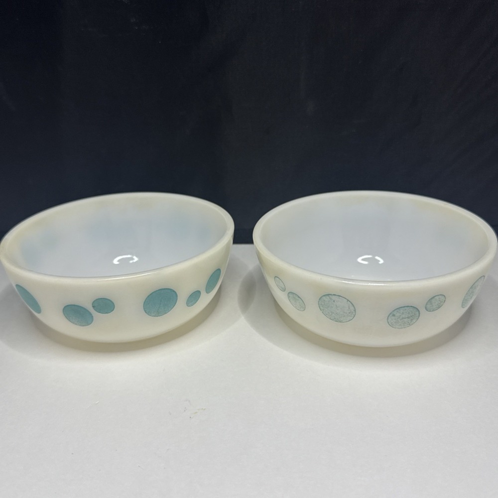 Small 5" Vintage Hazel Atlas Turquoise‎ Polka Dots Mixing Nesting Bowl Set Of 2